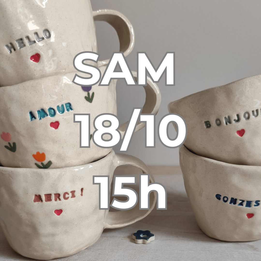DIY initiation céramique cours poterie Atelier céramique thé gourmand goûter poterie modelage Vaisselle en céramique Mug tasse personnalisée Atelier privatisé entre amis, en famille Hasnon Wallers Porte du hainaut idée week-end sortie entre filles concept store lieu insolite Nord 59 Saint Amand Les Eaux
